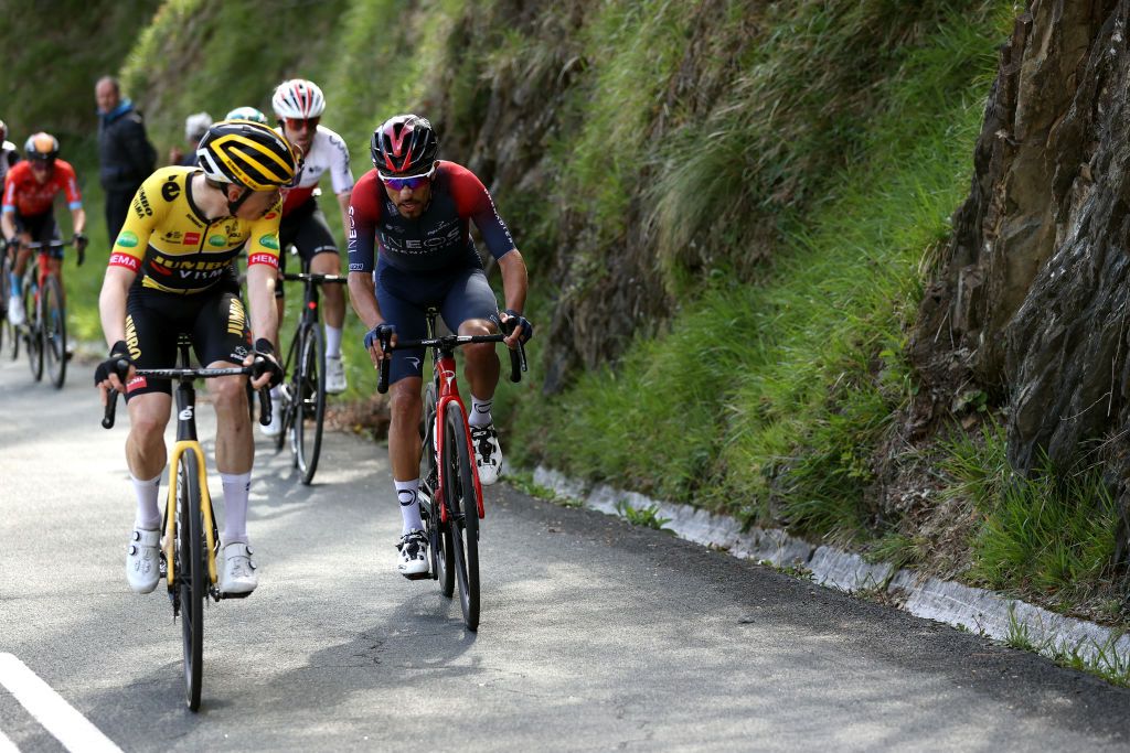 ARRATE SPAIN APRIL 09 LR Jonas Vingegaard Rasmussen of Denmark and Team Jumbo Visma and Daniel Felipe Martinez Poveda of Colombia and Team INEOS Grenadiers compete in the breakaway during the 61st Itzulia Basque Country 2022 Stage 6 a 1357km stage from Eibar to Arrate itzulia WorldTour on April 09 2022 in Arrate Spain Photo by Gonzalo Arroyo MorenoGetty Images