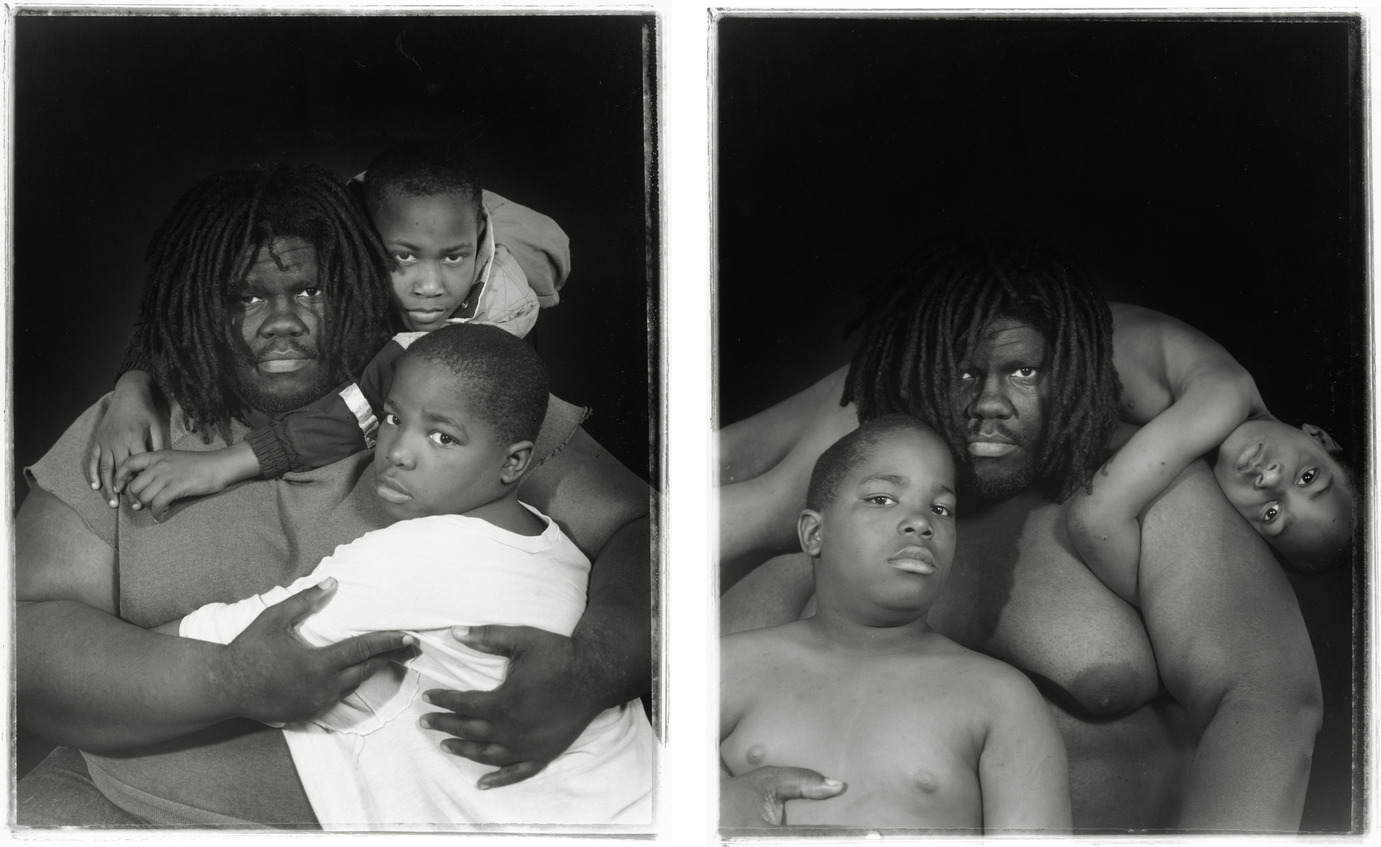 Two black and white portraits side by side showing the same man and two boys, first clothed and embracing, then nude in a similar close pose.