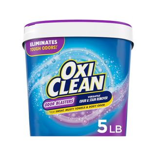 Blue round plastic 5lb tub of OxiClean Odor Blasters stain remover powder