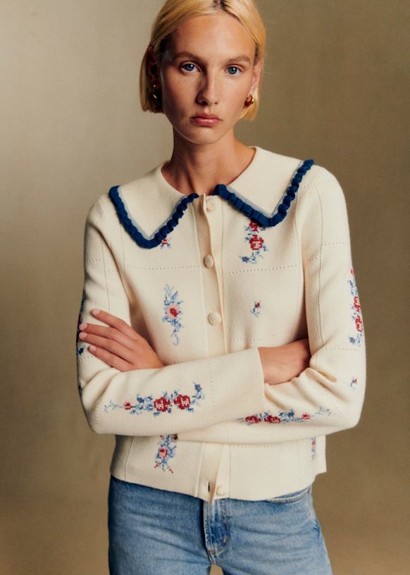 Antoine Cardigan - S&amp;eacute;zane X Baziszt - Jacquard With Ecru Background - Merino Wool - S&amp;eacute;zane
