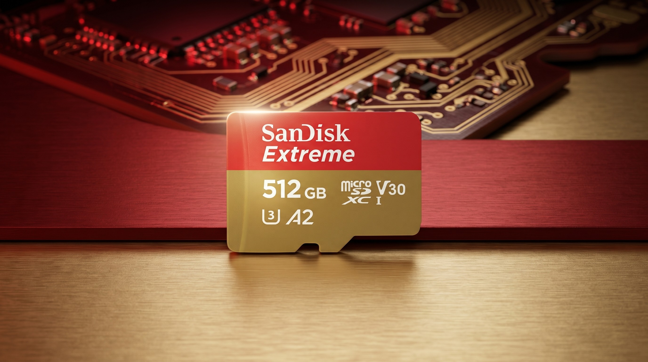 A close-up of a 512GB SanDisk Extreme microSD card on a gold and red circuit board backdrop, highlighting its speed and performance features.