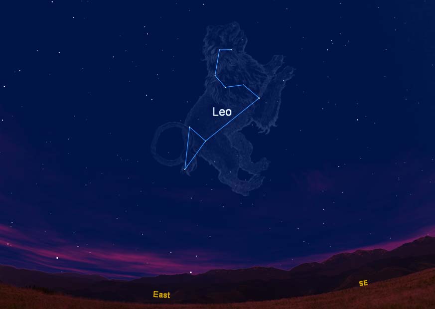 This sky chart shows where the constellation Leo, the Lion and its trademark sickle appear in the eastern sky as viewd from the Northern Hemisphere during spring. This chart is where the constellation appears at 8 p.m. EDT as viewed from the U.S. East Coa