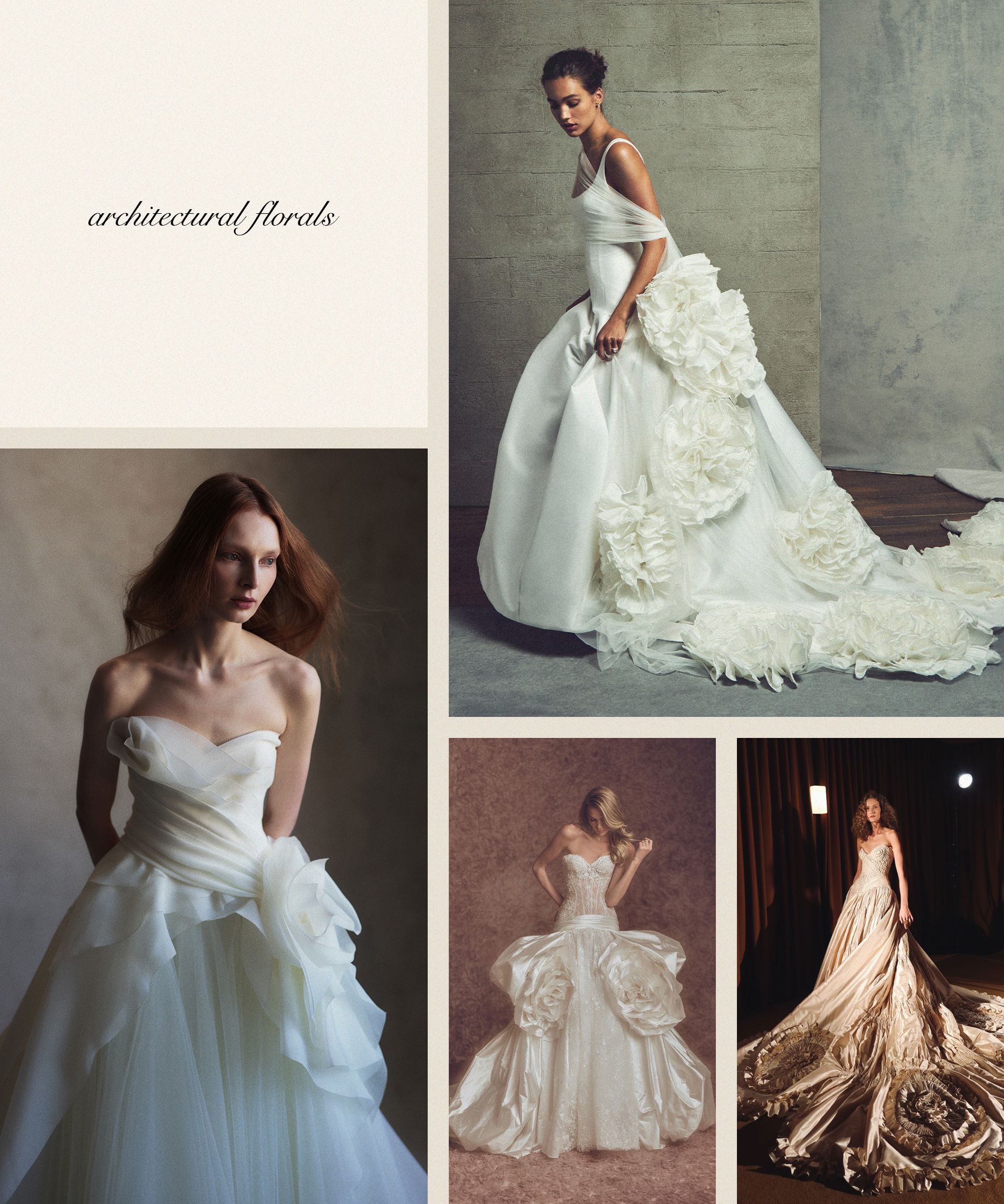 a collage of models wears wedding gowns with big bold 3D florals.