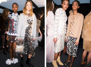 Left, models wear bright silver chainmail co-ords, one wears a grey sweater on top. Right, models wear cut-out cardigans and dresses in beige and white