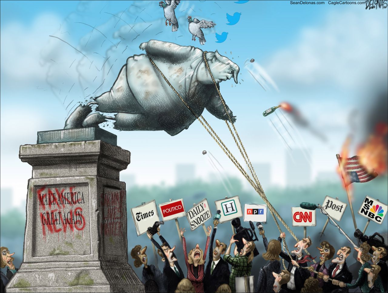 Political cartoon U.S. Trump Confederate monuments fake news