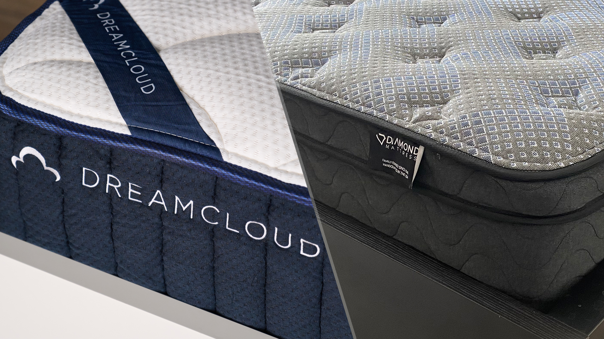 On the left, a close up of the DreamCloud logo on the corner of the DreamCloud Classic Hybrid Mattress. On the right, a close up of the Diamond label on the corner of the Diamond Dreamstage Value Quilted Hybrid Mattress.