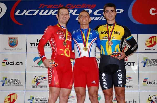 Men's 1000m time trial podium (l-r): Fran&ccedil;ois Pervis (Cofidis), 2nd; Micha&euml;l D'Almeida (France), 1st; Yevhen Bolibrukh (Ukraine), 3rd.