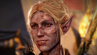 Baldur's Gate 3 Minthara, a drow with pale purple skin and light blonde hair, smirks as her face is covered in blood splatter