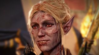 Baldur&#039;s Gate 3 Minthara, a drow with pale purple skin and light blonde hair, smirks as her face is covered in blood splatter