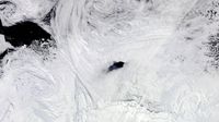 satellite photo showing a dark-blue hole in antarctic sea ice