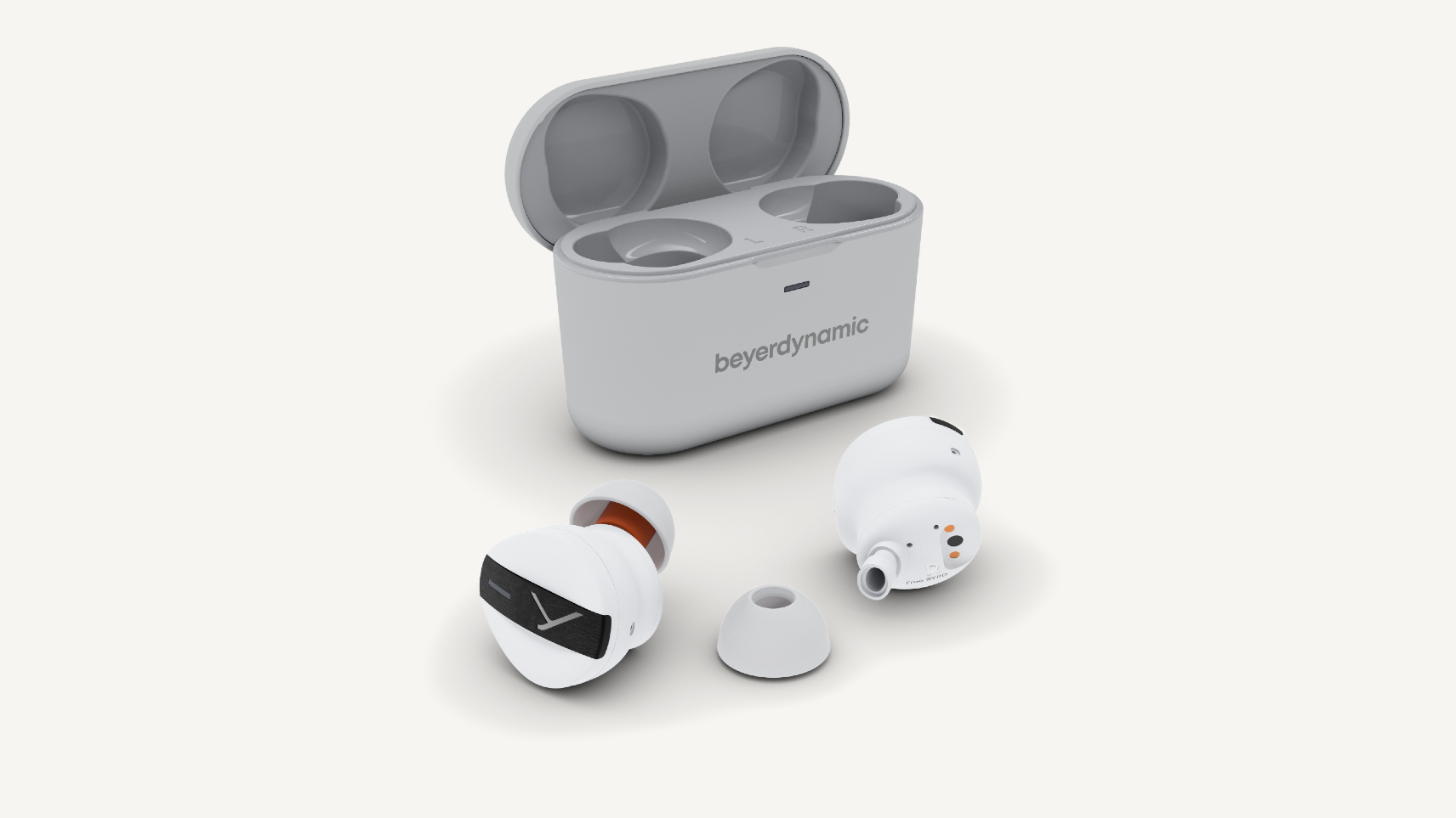Beyerdynamic Free Byrd earbuds and case on a white background