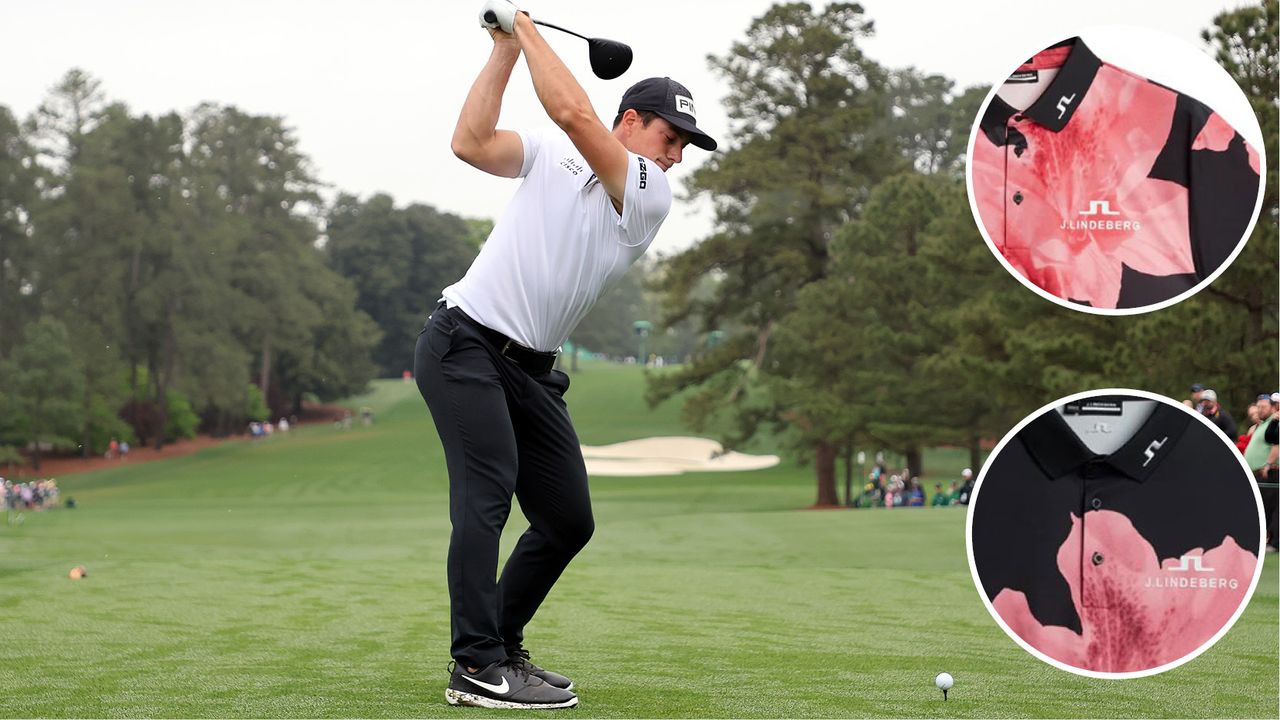 Viktor Hovland hits a tee shot at Augusta National