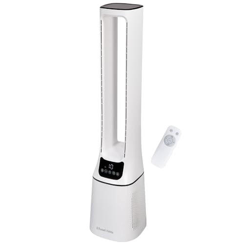 Russell Hobbs Bladeless Quiet Tower Fan With Remote Control, 105cm Tall, 10 Speed Settings, 12 Hour Adjustable Timer, Oscillating Fan 22w, White, 2 Years Guarantee