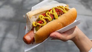 Woman's hand holding hot dog with onions and mustard