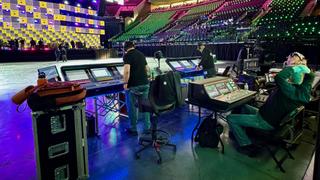 Audio techs from Firehouse Productions set up DiGiCo desks as well as the JBL VTX V25-II P.A. seen here at the Intuit Dome in advance of FireAid.