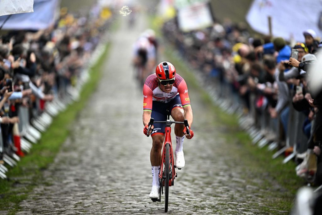 Danish Mads Pedersen of TrekSegafredo pictured in action during pictured at the Trouee dArenberg cobbled road passage during the mens elite race of the ParisRoubaix cycling event 2566km from Compiegne to Roubaix France on Sunday 09 April 2023 BELGA PHOTO JASPER JACOBS Photo by JASPER JACOBS BELGA MAG Belga via AFP Photo by JASPER JACOBSBELGA MAGAFP via Getty Images