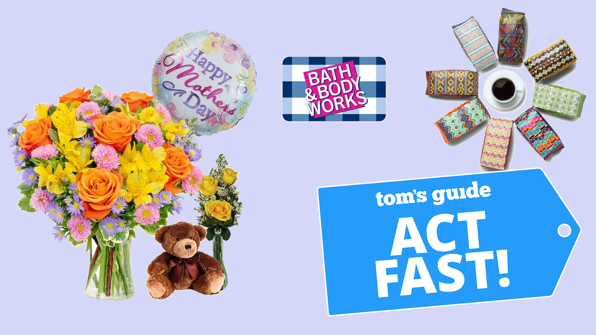 Mother's Day flowers, gift card, and Atlas coffee set