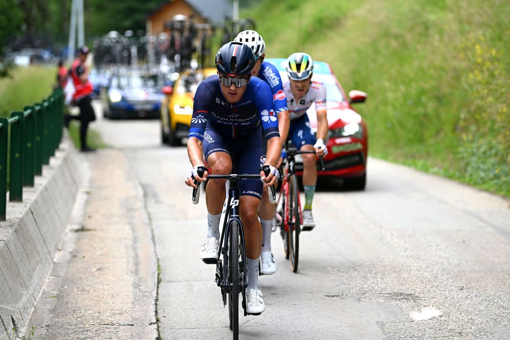 COL DE LA CROIX DE FER FRANCE JUNE 10 Reuben Thompson of New Zealand and Team Groupama FDJ competes in the chase group during the 75th Criterium du Dauphine 2023 Stage 7 a 1479km stage from PortedeSavoie to Col de la Croix de Fer 2067m UCIWT on June 10 2023 in Col de la Croix de Fer France Photo by Dario BelingheriGetty Images
