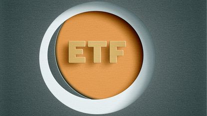 Letters spelling ETF in orange circle with gray background