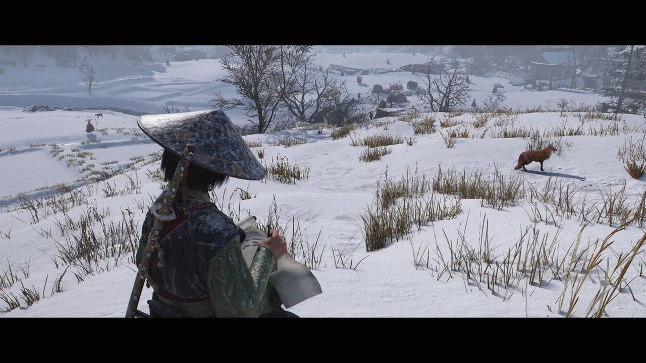 Assassin's Creed Shadows screenshot of Naoe sketching a fox in the snow