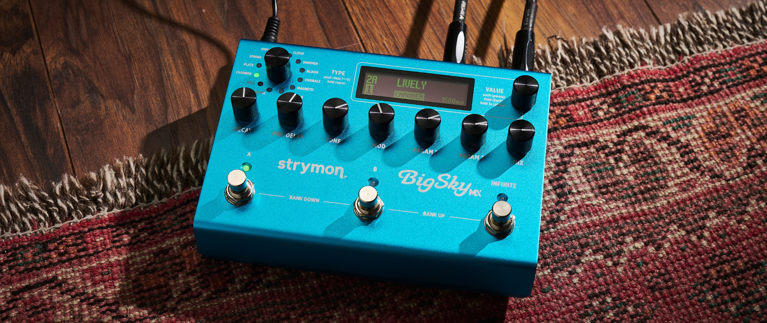 A Strymon BigSky MX reverb pedal on a rug