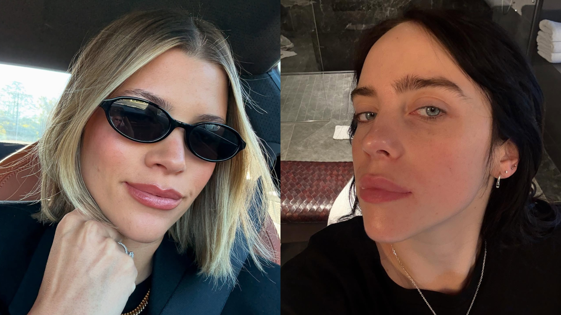 Photo collage of Sofia Richie Grainge and Billie Eilish selfies 