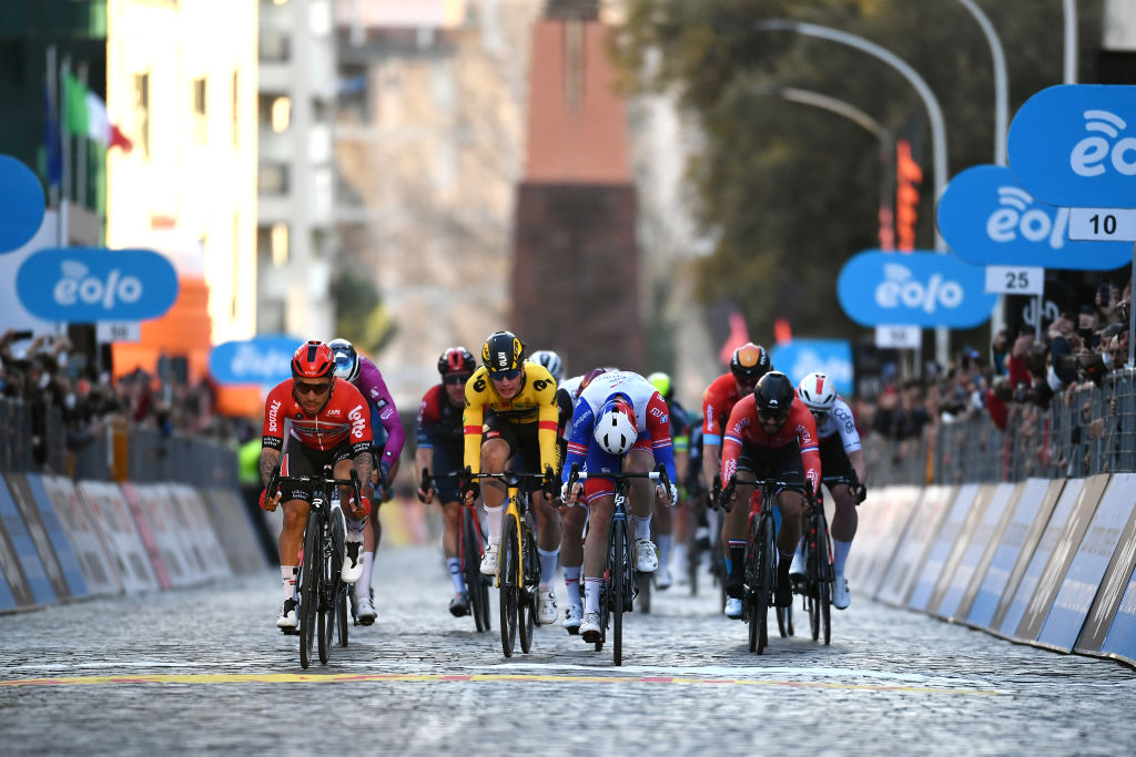 TERNI ITALY MARCH 09 LR Caleb Ewan of Australia and Team Lotto Soudal Olav Kooij of Netherlands and Team Jumbo Visma Arnaud Demare of France and Team Groupama FDJ and Nacer Bouhanni of France and Team Arka Samsic sprint at finish line during the 57th TirrenoAdriatico 2022 Stage 3 a 170km stage from Murlo to Terni TirrenoAdriatico WorldTour on March 09 2022 in Terni Italy Photo by Tim de WaeleGetty Images