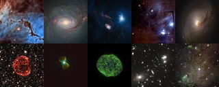 This image shows the top ten images entered into the Hubble's Hidden Treasures image processing competition: Top row: NGC 1763 by Josh Lake, M 77 by Andre van der Hoeven, XZ Tauri by Judy Schmidt, Chamaeleon I by Renaud Houdinet, M 96 by Robert Gendler.Bottom row: SNR 0519-69 by Claude Cornen, PK 111-2.1 by Josh Barrington, NGC 1501 by kyokugaisha1, Abell 68 by Nick Rose, IC 10 by Nikolaus Sulzenauer.