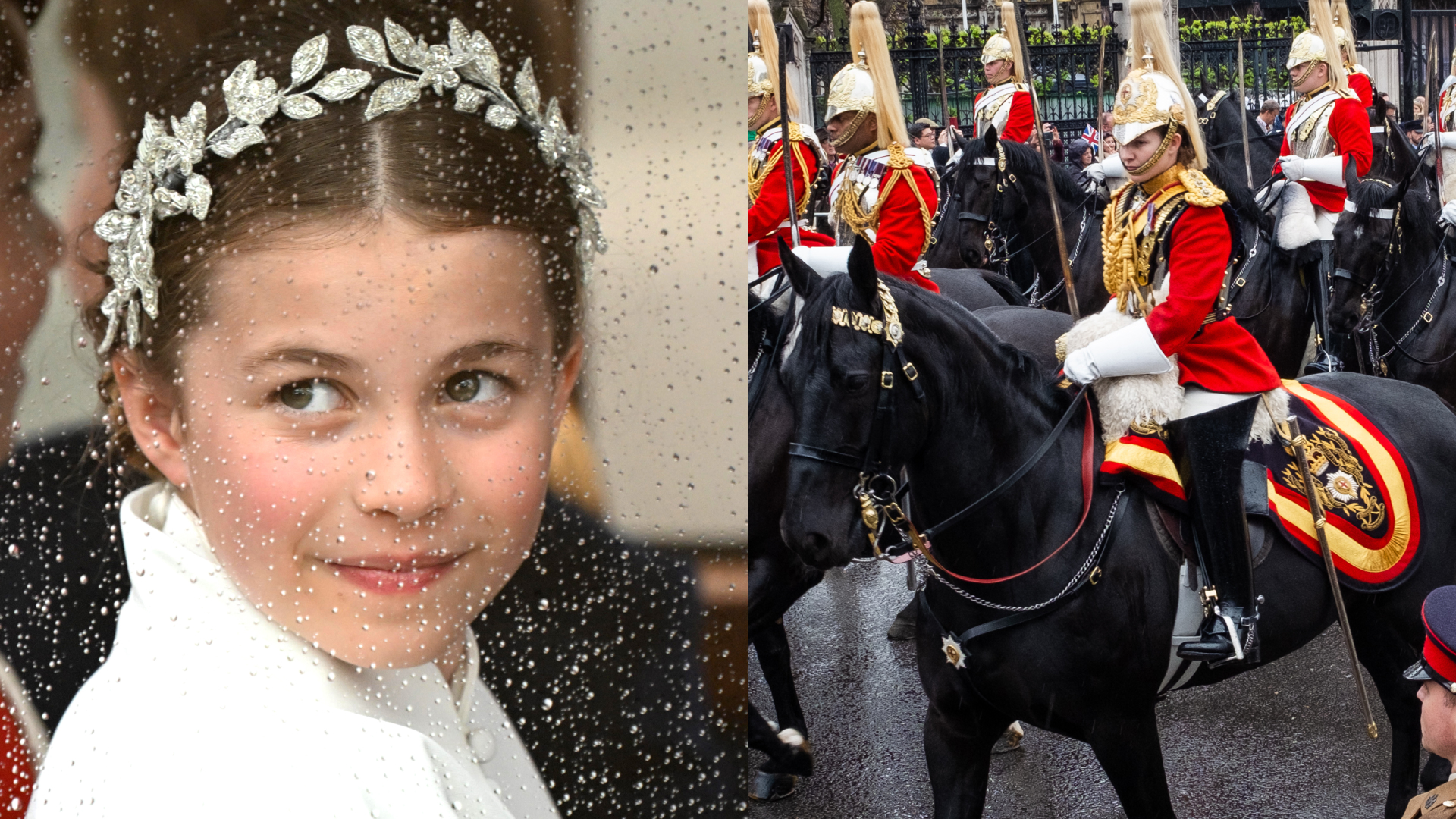 Princess Charlotte wearing a diamond wreath headpiece sitting in a rainy carriage; Captain Elizabeth Godwin riding a horse during the coronation