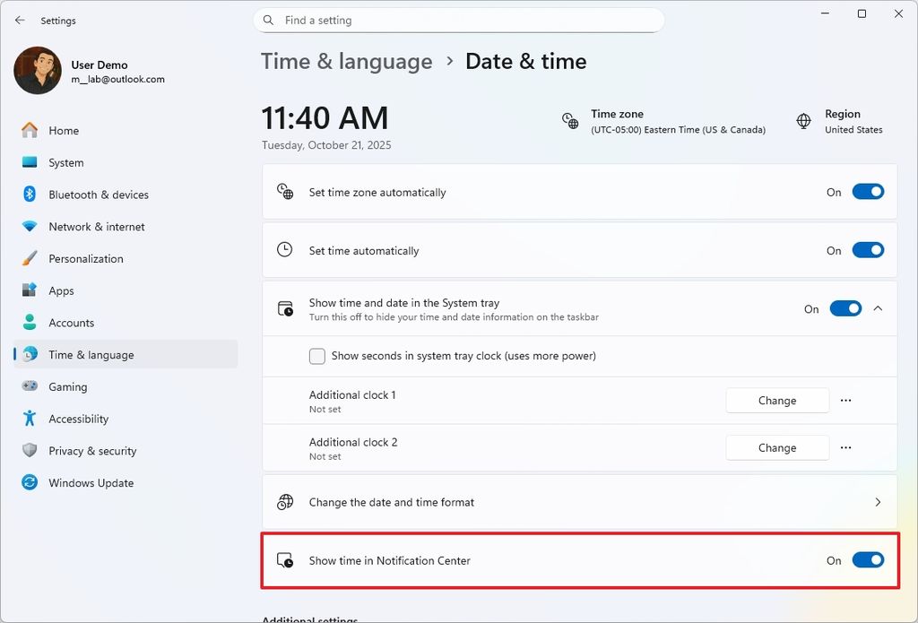 Show time in Notification Center option