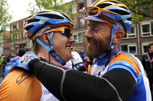 Tyler Farrar and Svein Tuft share the moment after Farrar's stage win