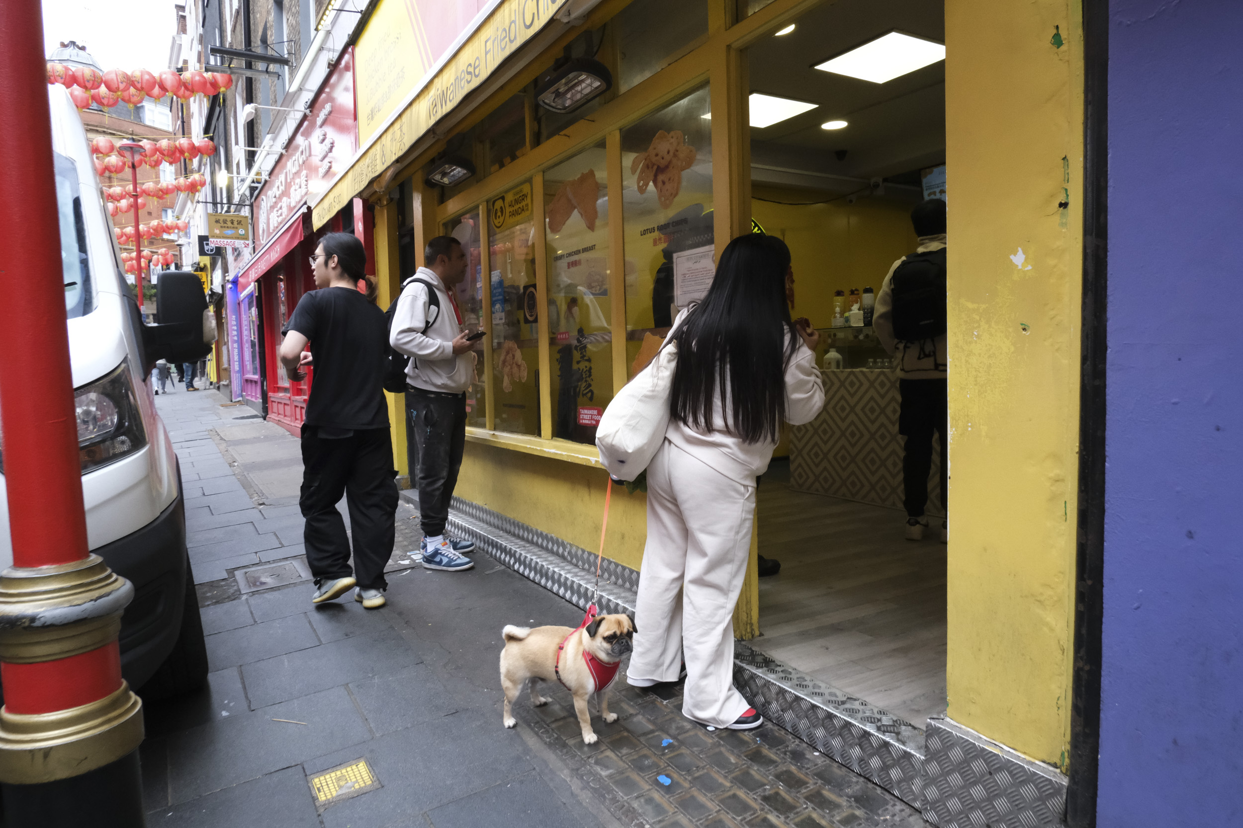 London street photo of a lady with dog, taken with the Fujifilm X-M5