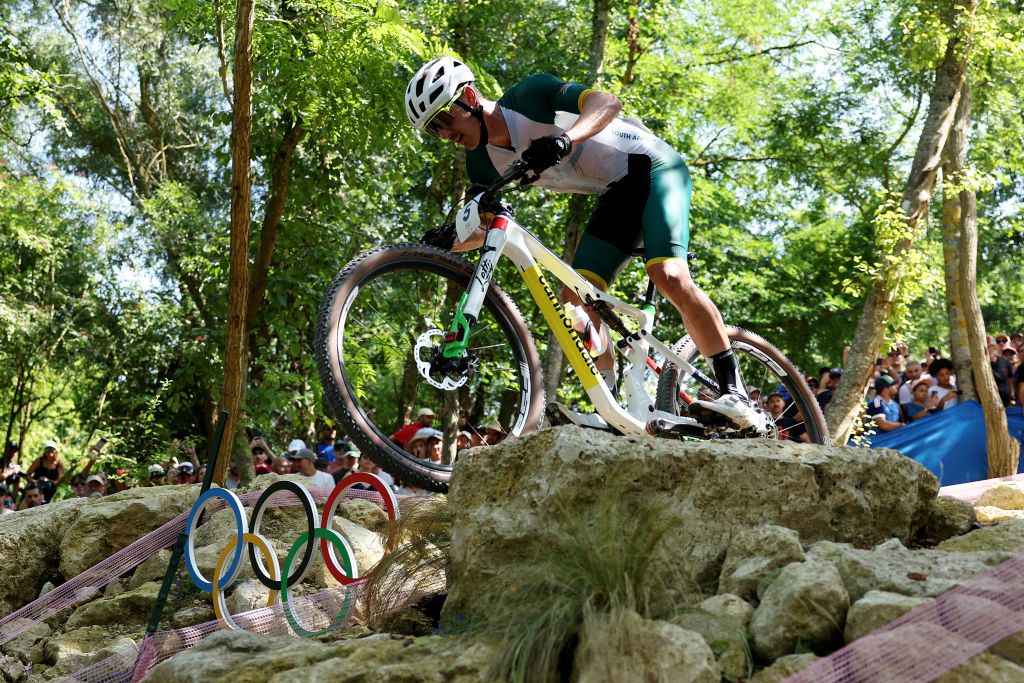 ELANCOURT FRANCE JULY 29 Alan Hatherly of Team South Africa competes during the Mens CrossCountry on day three of the Olympic Games Paris 2024 at Elancourt Hill on July 29 2024 in Elancourt France Photo by Alex BroadwayGetty Images