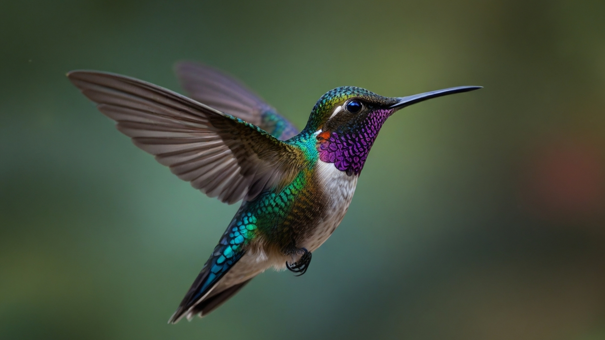 Hummingbird in mid-flight showing vividly colored featured and wings spread