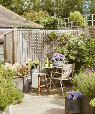 A sunny patio garden with small set of table and chairs, surrounded by planting including lavender and hydrangeas