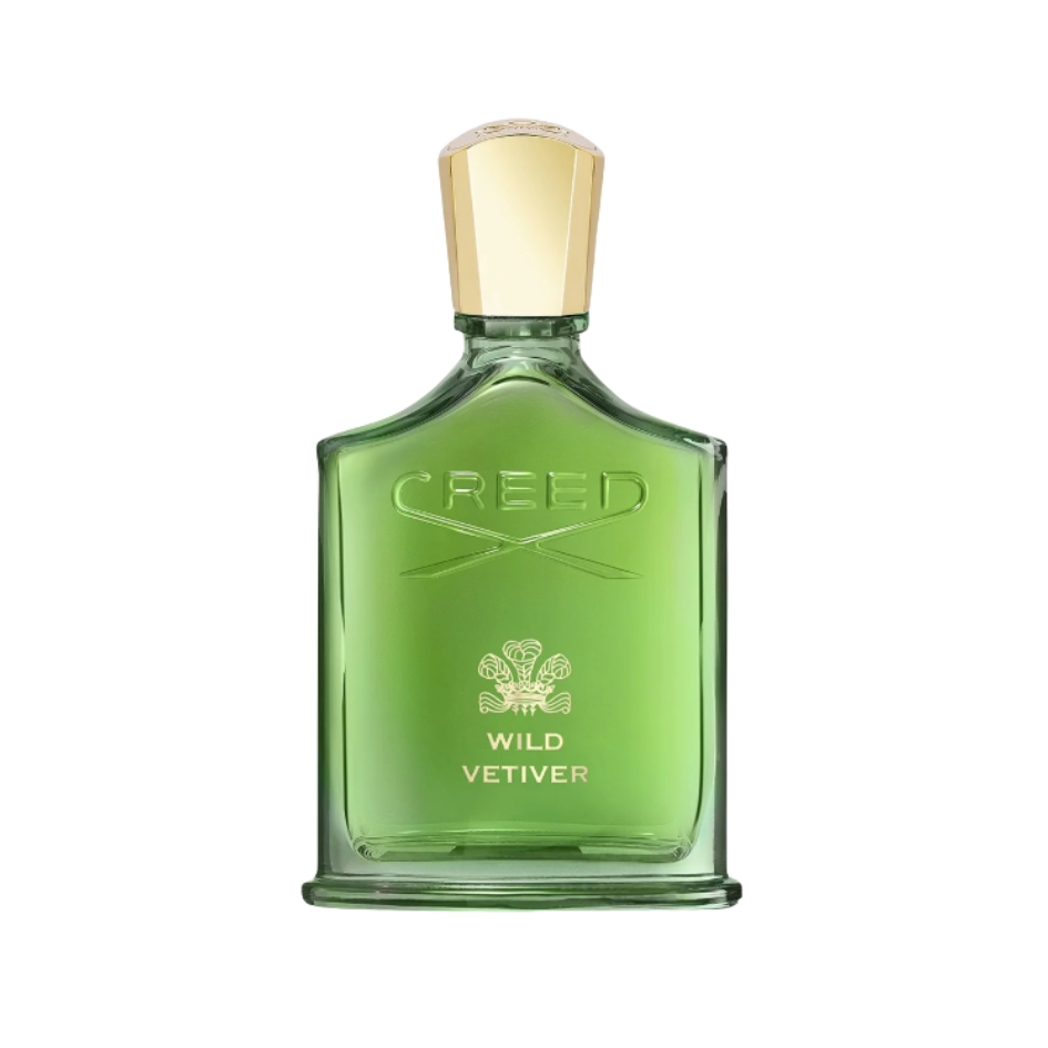 A product shot of the Creed Wild Vetiver perfume, which has a green glass bottle, on a white background