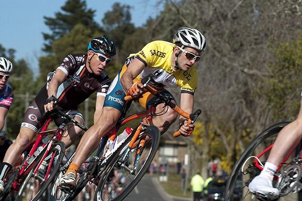 Tour leader Nathan Haas (Genesys Wealth Advisers) leads Chris Jongewaard (Jayco/2XU) around the streets of Moe on stage five.