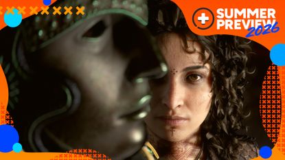 Sophia from Resonance: A Plague Tale Legacy looks at the camera, with a side-on warrior mask blocking half of her face, with the orange GamesRadar+ Summer Preview 2026 frame