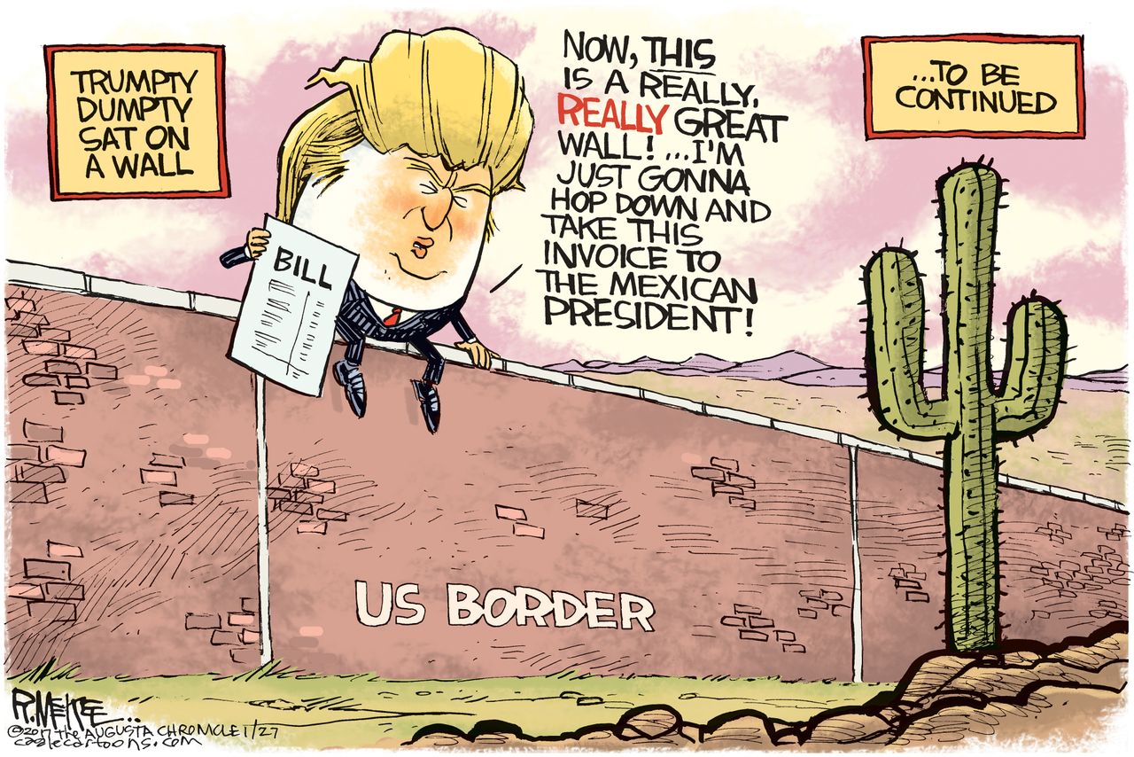 Political Cartoon U.S. Donald Trump border wall