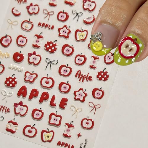 Cute Apple Nail Art Stickers Decals 5d Embossed Apple Nail Decals Self-Adhesive Letter Nail Design Stickers for Women Girls Diy Manicure Cyan Apple Bow Nail Design Stickers 1 Sheet