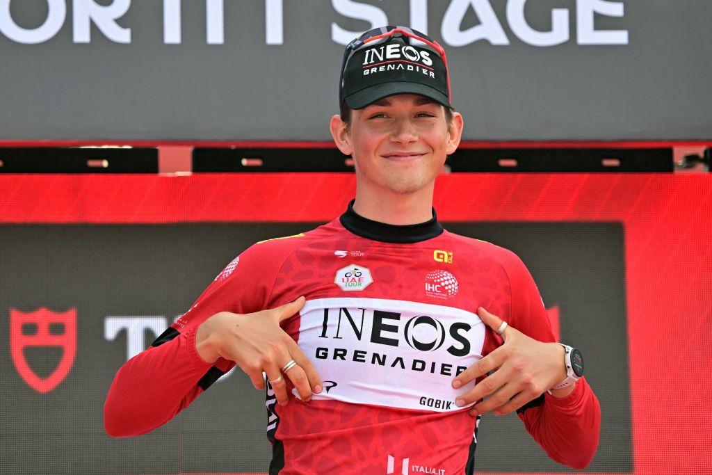 INEOS Grenadiers&#039; British rider Joshua Tarling celebrates on the podium after winning the second stage of the UAE Tour cycling race in al-Hudayriyat island in Abu Dhabi on February 18, 2025.