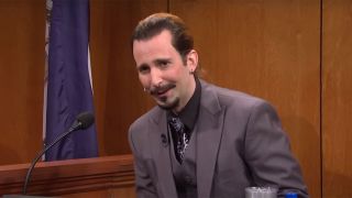 Kyle Mooney dressed as Johnny Depp on the witness stand during an SNL sketch.