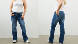 composite of model wearing H&M+ Bootcut Low Jeans in denim blue