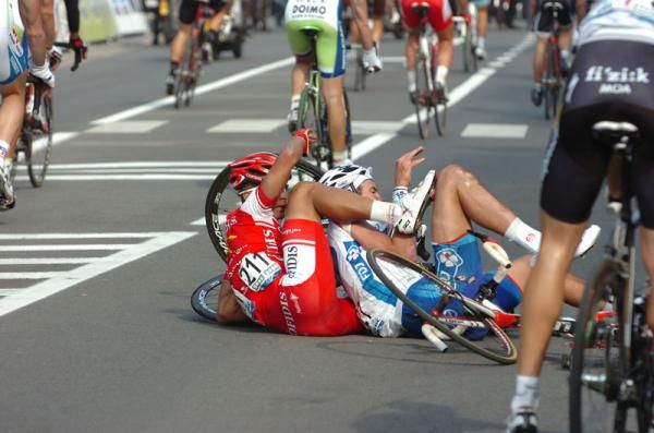Riders crash at the finish