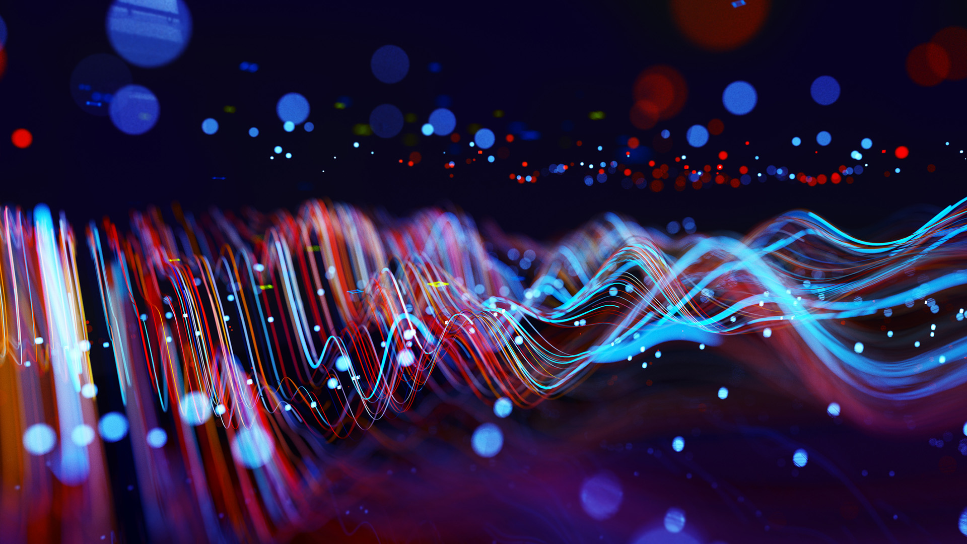 Digital generated image of abstract flowing data made out of numbers and glowing blue and red splines moving away from camera on black background.