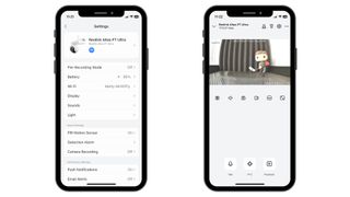 Screenshots of the settings and live feed for the Reolink Altas PT Ultra in the Reolink app