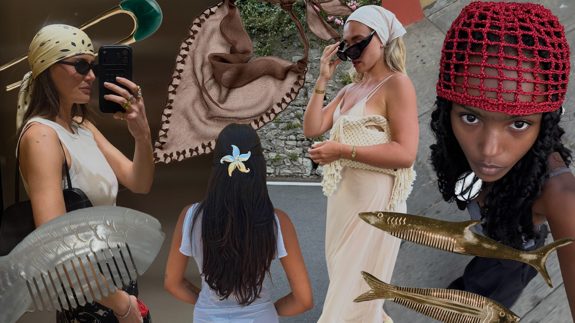A collage of people wearing hair accessories.