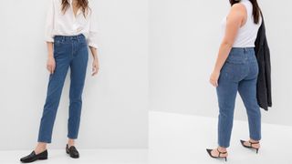 composite of two models wearing Gap High Rise Cheeky Straight Jeans in medium wash