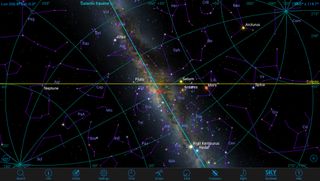 By displaying the coordinate system of our Milky Way Galaxy in the SkySafari app, we can illustrate that the plane of the solar system, as indicated by the yellow ecliptic line, is almost in line with the galactic center (red star) and rotated 62.6 degrees away from the galactic plane.