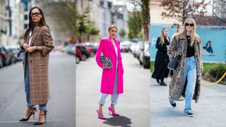 A composite of street style influencers showing how to style baggy jeans with a statement coat